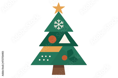 Christmas tree in modern minimalist geometric style. Vector illustration of a Xmas pine with festive patterns. Abstract holiday icon for winter celebration. Simple cartoon design.