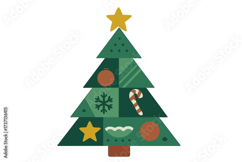 Modern geometric Christmas tree vector illustration. Minimalist Xmas pine in a flat, simple style. Festive holiday graphic with star, candy cane, and snowflake icons. Abstract art.