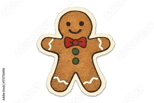 Gingerbread man Christmas torn paper sticker in naive halftone collage style. Cute holiday cookie character. Vintage clay toy cartoon vector illustration for festive design.