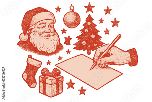 Retro Christmas art of hand writing a letter to Santa. Vintage halftone design with cut-out holiday icons: tree, present, stocking. Xmas wish list tradition concept illustration.