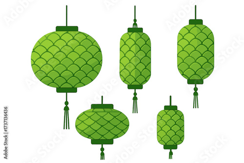Set of green Chinese lanterns with snake or dragon scale pattern. Vector illustration for Chinese New Year, Lantern Festival. Oriental celebration decoration. Flat geometric design.