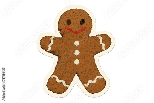 Gingerbread man cookie sticker in a vintage torn paper collage style. Cute Christmas holiday sweet treat with naive halftone texture. Retro vector cartoon illustration for baking.