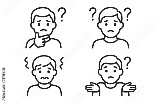 Confusion icon set. Man thinking, asking question, feeling uncertain. Concept of doubt, problem, hesitation, discomfort. Person shrugging. Stress, anxiety, mental state line art.