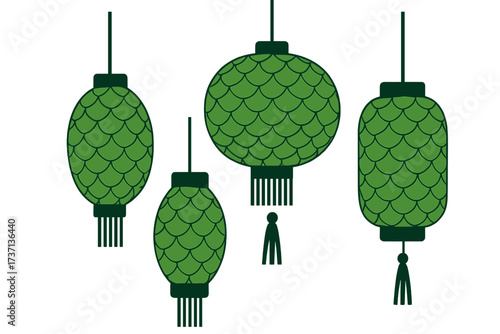 Green Chinese lanterns with dragon scale pattern for Lunar New Year. Asian lamps for Chinese festival. Oriental decoration for Year of the Snake celebration. Vector set.