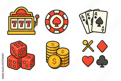 Casino and gambling icon set vector illustration. Line art flat icons collection for web and mobile. Slot machine, poker chip, playing cards, dice, money coins. Gamble concept.