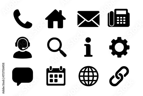 Contact us icon set for business and web. Communication symbols collection. Phone, email, support, search, info, settings, chat, calendar, globe, link and home icons.