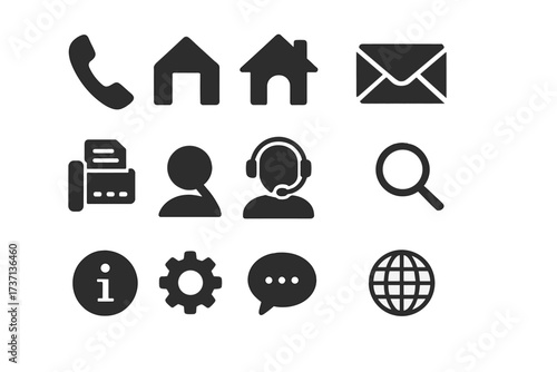 Contact us icon set. Business card and web communication symbols. Phone, home, address, email, fax, support, search, info, settings, chat, globe. Vector pictogram kit.