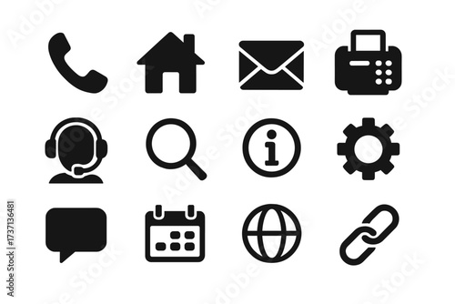 Contact us icon set. Solid glyph pictograms for business communication. Phone, email, address, web, support, search, info, chat, link symbols. Vector icons for website UI UX.