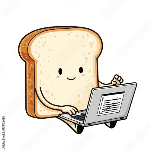 Vector illustration of funny cartoon slice of bread character working on a laptop