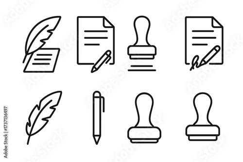 Document & signature line icon set. Contract signing, agreement, quill pen, rubber stamp concepts. Editable stroke vector illustration for legal, notary or office paperwork.