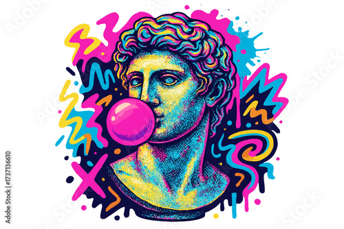 Psychedelic pop art print of a classical Greek statue blowing bubblegum. Funky 90s antiestablishment concept with vibrant graffiti. Retro halftone collage of a marble bust.