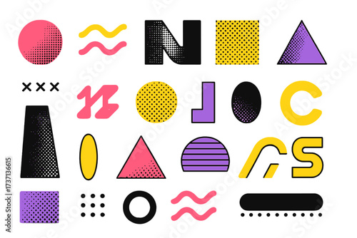 Big set of abstract geometric brutalist shapes. Retro Memphis design elements for web, vintage advertisement, poster or banner. Vector 80s 90s pop art style graphic assets.