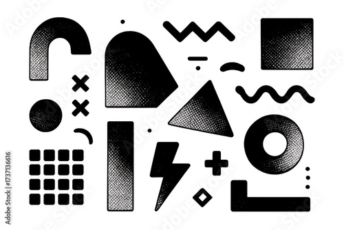 Set of abstract geometric shapes. Brutalist forms and Memphis design elements. Retro 80s 90s style textured figures for web, poster, or banner. Vintage brutalism icons.