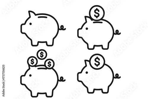 Piggy bank icon set. Money saving concept. Financial investment symbol collection. Vector outline illustration for banking, budget, and economy. Deposit and wealth.