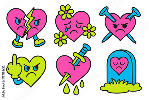 Y2k anti-valentine's day stickers. Groovy retro 2000s anti-love characters. Broken heart, heartbreak concept. Funny cartoon mascots set. Vector illustration in trendy neon color.