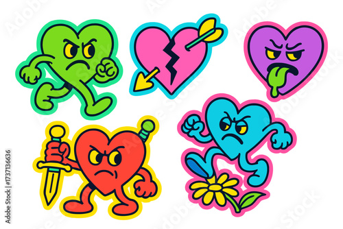 Funny groovy y2k anti-Valentine's Day stickers. Retro 2000s anti-love characters. Angry, broken, sick heart cartoons. Vector illustration for heartbreak concept.