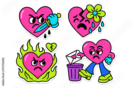 Groovy Y2K anti-Valentine's sticker set with retro cartoon hearts. Funny 2000s characters expressing heartbreak, anger, and sadness. Anti-love concept for breakup designs.
