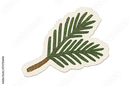 Fir branch vector illustration. Christmas halftone collage with torn paper sticker effect. Magazine cutout clipping for scrapbooking, winter holidays and new year's design.