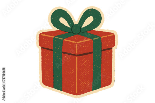 Christmas gift box vector illustration. Vintage torn paper sticker in naive halftone collage style. Retro present with ribbon. Holiday season, festive surprise concept. Xmas.