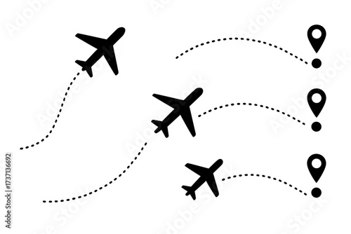 Airplane flight path and destination point icon set. Plane route with dotted line and map pin. Aircraft tracking, travel destination, location marker. Vector journey concept.