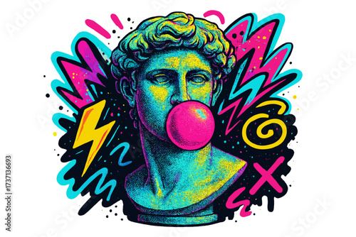 Statue with bubblegum in pop art 90s style. Ancient Greek bust illustration. Anti-establishment, rebellious concept. Psychedelic graffiti collage. Modern retro vaporwave aesthetic.