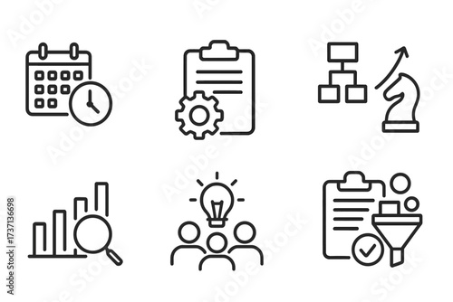 Action plan icon set. Concept business strategy, project management, schedule, analysis, implementation, collaboration. Workflow process. Data research. Growth. Brainstorming.