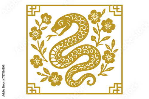 Chinese New Year of the Snake 2025. Golden zodiac snake in paper cut stencil style. Lunar New Year greeting card with plum blossoms. Oriental Asian vector illustration.