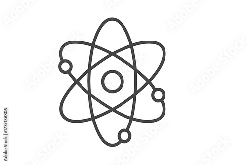 Science and research concept with atom symbol. Physics, chemistry, nuclear energy icon. Atomic particle, molecule structure with electron orbit and nucleus. Vector outline illustration.