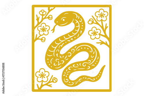 Chinese new year of the snake zodiac sign. Golden ornate snake stencil with plum blossoms. Lunar new year celebration vector. Asian horoscope paper cut style illustration.