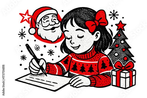 Cute girl writes a Christmas wish list to Santa Claus. Retro cartoon vector illustration in halftone style. Festive holiday concept with tree, gift. Monochrome with red accent.