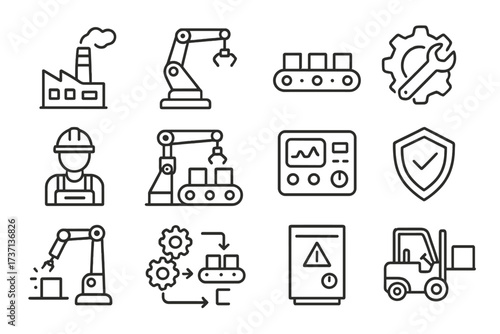 Factory and manufacturing simple line icon set. Industrial automation, robotics, and production concepts. Includes robotic arm, conveyor belt, worker, and forklift vectors.