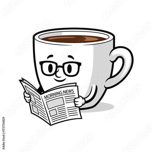Vector illustration of cute cartoon coffee cup with glasses reading a newspaper