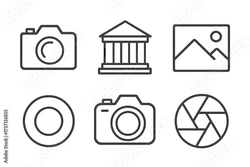 Photography icon set in thin line style. Collection of vector symbols including camera, photo gallery, picture, lens, and aperture. Perfect for UI, web, and app design.