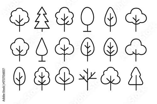 Tree icon line collection. Big set of simple outline trees. Minimalist nature forest plant graphic. Vector wood eco environmental symbol. Pine fir deciduous illustration.