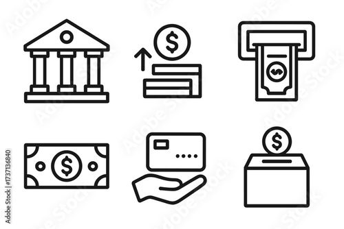 Banking and finance web icons in line style. Set includes bank, income, atm, money, payment, and collection symbols. Vector illustration for financial services and economy.