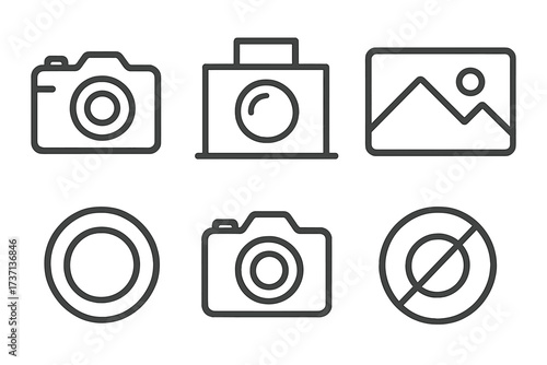 Camera icons set in thin line style. Photo and photography symbols collection. Vector pictogram pack for web, app design. Includes picture, gallery, and no photos sign.