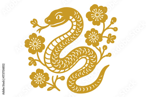 Chinese New Year of the Snake golden papercut illustration. Ornate zodiac animal symbol with plum blossoms for a festive lunar celebration card. Oriental horoscope vector.