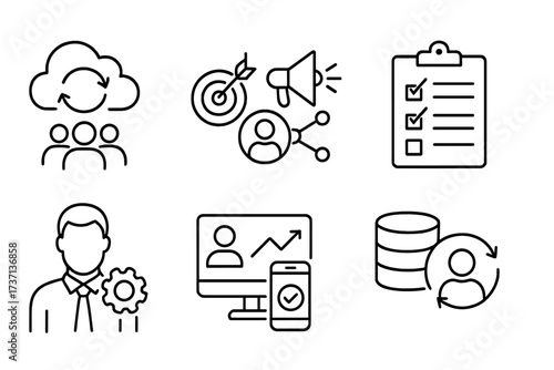 Set of CRM web icons in thin line style. Customer relationship management concepts: strategy, marketing, data analysis, planning, manager, and customer data collection vector.