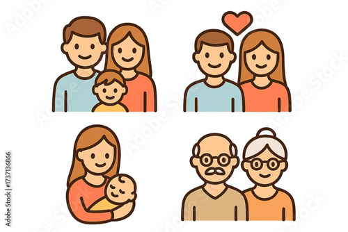 Family life cycle icon set. People generations from young couple in love, parents with child, mother with baby to senior grandparents. Vector cartoon characters illustration.