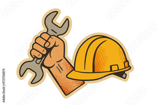 Labor Day vintage vector illustration. Hand holding a wrench tool with a safety hard hat. Retro paper collage style for May Day. Worker, mechanic, construction, repair icon.