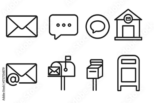 Mail and message icon set. Line art collection with email, chat bubble, post office, and mailbox symbols. Communication concept vector for web, UI, and graphic design.