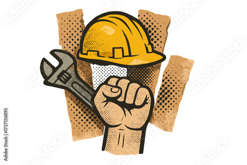 Labor Day retro vector concept. Worker hand fist with wrench and helmet. Halftone paper collage illustration. Industry construction symbol. May Day protest solidarity power.