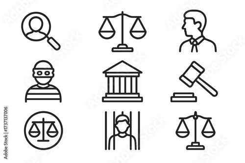 Law and justice line icon set. Vector symbols for court, legal investigation, crime, and judgment. Includes courthouse, gavel, scales, and prison icons for web and mobile.