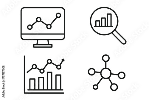 Data analytics thin line icon set. Icons for graphs, statistics, big data processing, growth chart, financial analysis, market research, and business intelligence network.