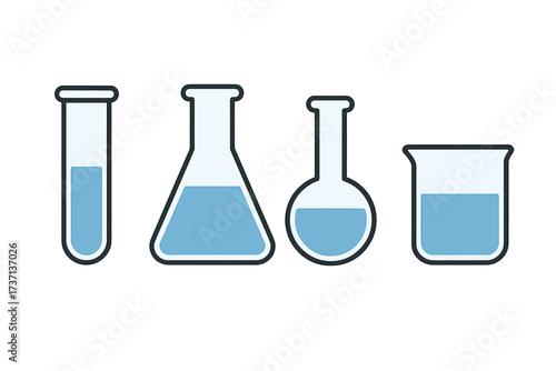 Chemistry glassware set vector illustration. Laboratory equipment icon collection. Test tube, beaker, erlenmeyer and round bottom flask with blue liquid for science research.