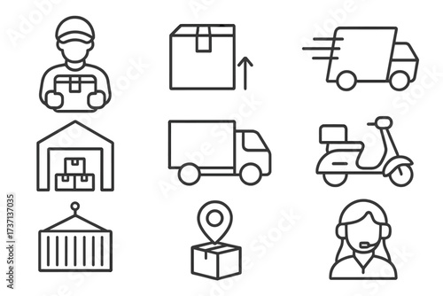 Delivery and logistics vector icon set in thin line style. Symbols for shipping, e-commerce, supply chain and courier service. Includes truck, warehouse, and order tracking icons.
