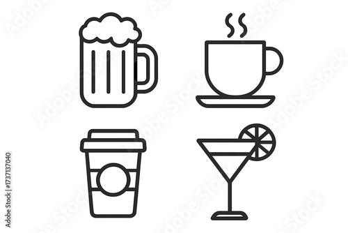 Drinks and beverages line icon set. Coffee, tea, beer and cocktail symbols. Vector pictograms for bar, pub or cafe menu design. Modern outline collection for web and apps.