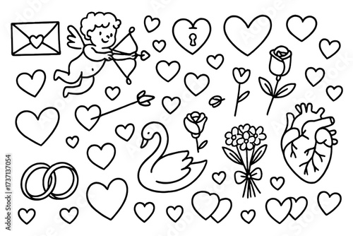 Love doodles icon set. Hand drawn romantic clipart collection for Valentine's Day and wedding design. Outline symbols like heart, cupid, swan, rose, rings, anatomical heart.