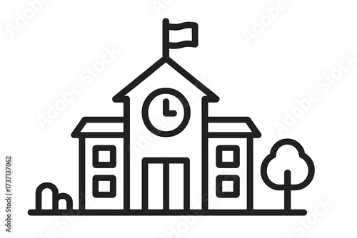 School building line icon. Education, learning concept. University or college facade vector illustration. Simple academy exterior with clock tower. Outline pictogram symbol.