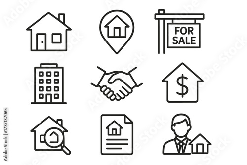 Real estate line icon set. Thin line vector symbols for property business. Home, for sale sign, apartment, handshake, mortgage, search, contract, and agent icons for web and mobile.
